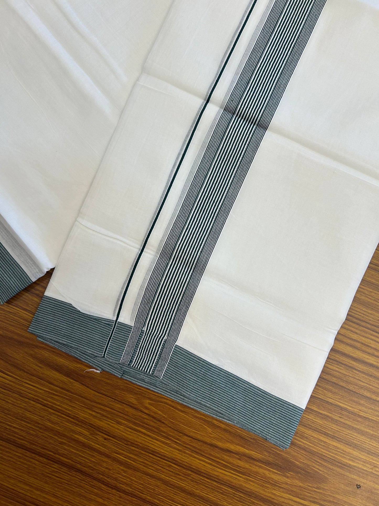 20% Discount ! Kaitharikada Balaramapuram 100% Cotton Pure White Double Mundu/Dothi - 100x100 - 1.5 inch Dark Green Striped Kara - 3 KK5362 GAN