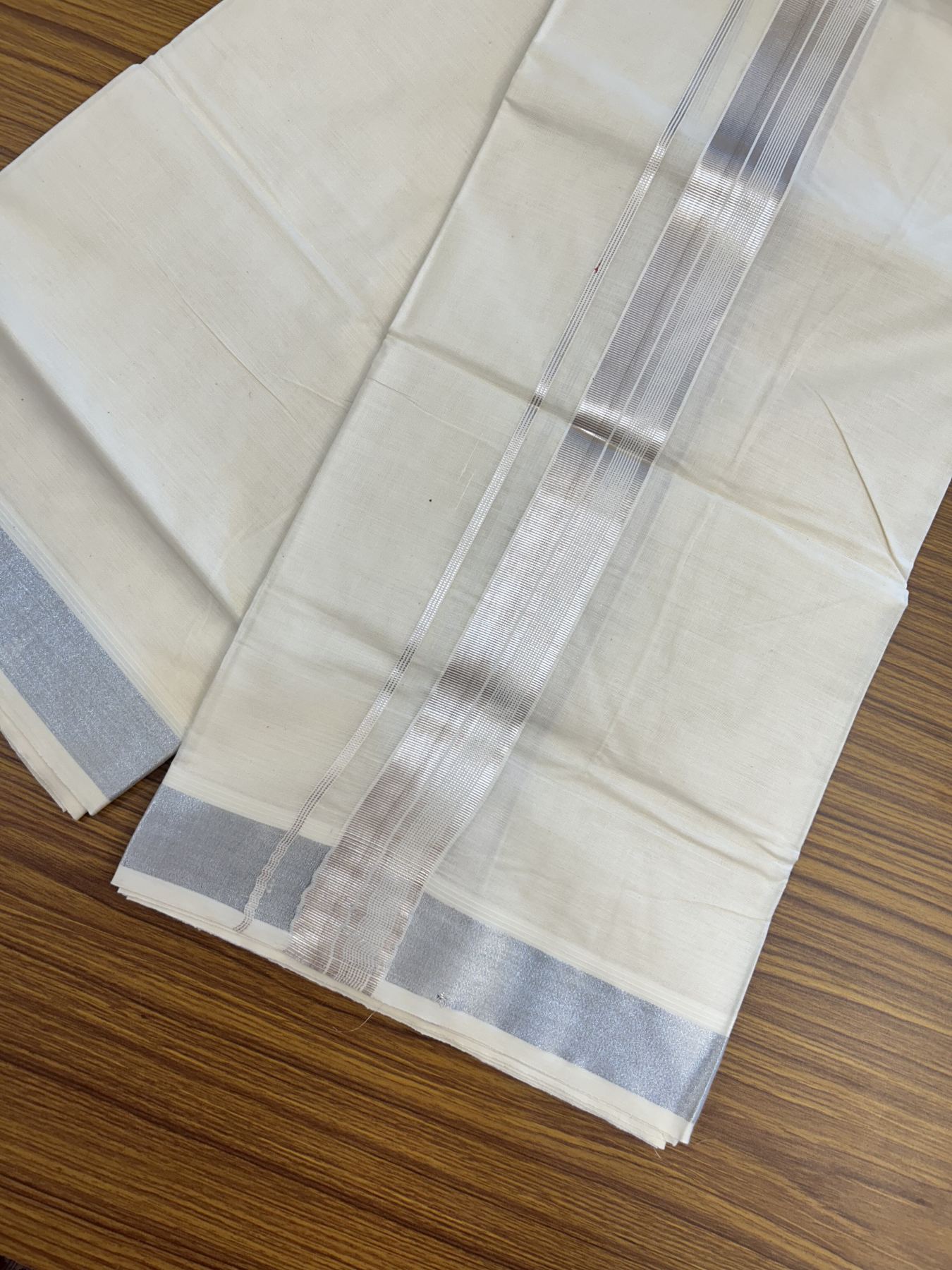 20% Discount ! KaithariKada Balaramapuram 100% Cotton Double Off White - (Unbleached) - Mundu / Dhoti- 100x80 - 1.5 inch Silver Kasav Stripes Kara 4 mtr (8.5 Muzham) - 51 KK5340 VIN