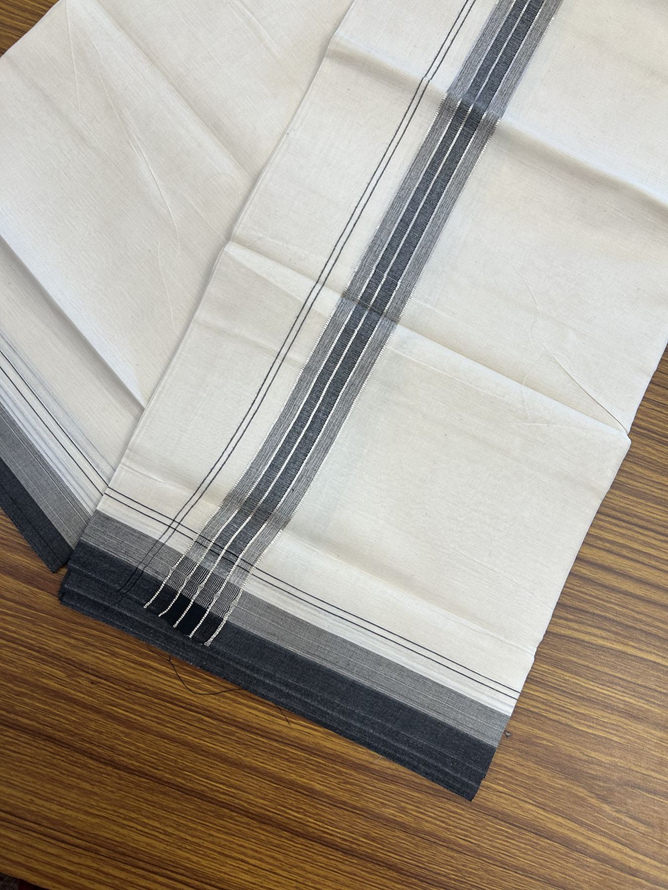20% Discount ! KaithariKada Balaramapuram 100% Cotton Double Off White - (Unbleached) - Mundu / Dhoti- 100x80 - 1.5 inch Silver Kasav Black & Ash shaded Stripes Kara 4 mtr (8.5 Muzham) - 48 KK5340 VIN