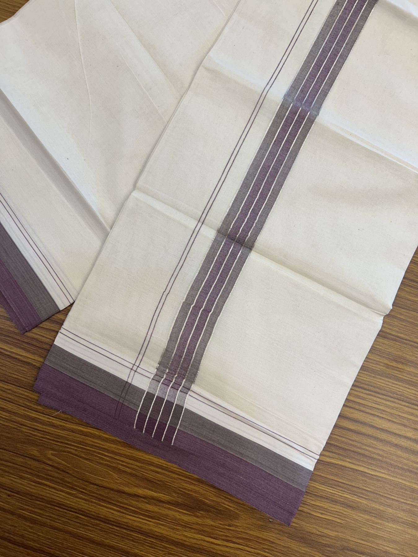 20% Discount ! KaithariKada Balaramapuram 100% Cotton Double Off White - (Unbleached) - Mundu / Dhoti- 100x80 - 1.5 inch Silver Kasav Sage Green & Purple shaded Stripes Kara 4 mtr (8.5 Muzham) - 45 KK5340 VIN