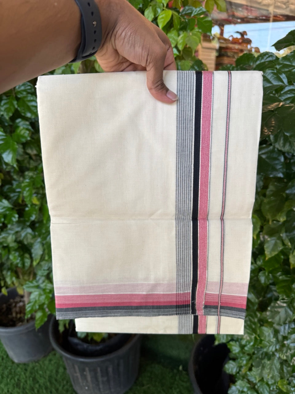 20% Discount! KaithariKada Balaramapuram 100% Cotton Double OFF WHITE (unbleached) Mundu/Dhoti- 100x80- 1.5 inch Silver Kasavu Maroon & Black Shaded striped Kara 4 mtr (8.5 muzham) - 52 KK5251 PMC