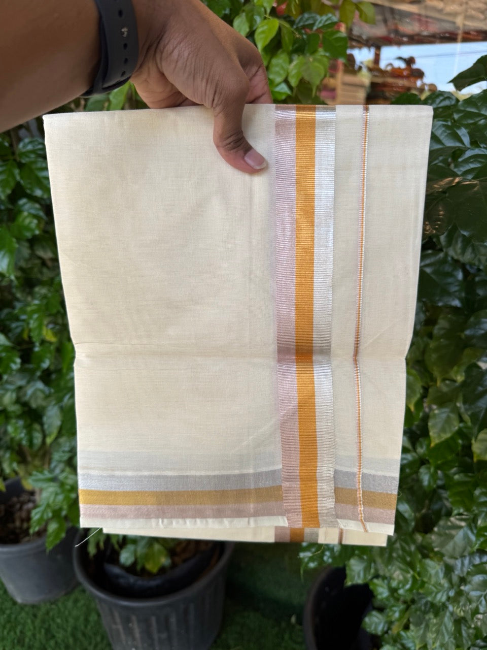 14% Discount ! KaithariKada Balaramapuram Double Off White - (Ubleached) Mundu/Dhoti - Cotton mix 80x72 - 1.5 inch Silver Gold & Rose Pink Kasavu Stripes Kara 4 mtr (8.5 muzham) - 51 KK5251 PMC