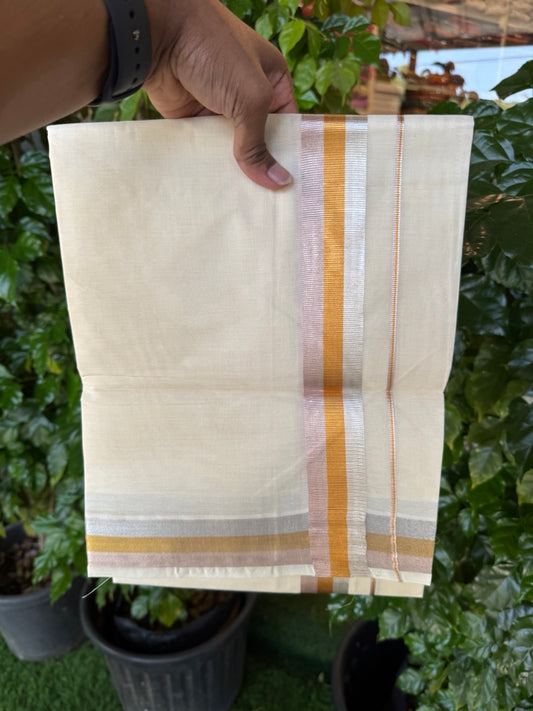 14% Discount ! KaithariKada Balaramapuram Double Off White - (Ubleached) Mundu/Dhoti - Cotton mix 80x72 - 1.5 inch Silver Gold & Rose Pink Kasav Stripes Kara 4 mtr (8.5 muzham) - 51 KK5251 PMC 