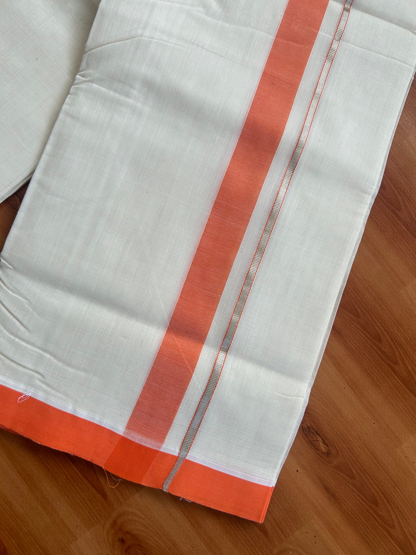 25% Discount ! KaithariKada Handloom Unakkupaav - Kerala Handloom - 100% Pure Cotton Off White (Unbleached) Double Mundu/Dothi - 100x80 - 1.25 inch Silver Kasav & Orange Kara 3.80 Meters (8 Muzham) - 2 KK5380 SOM