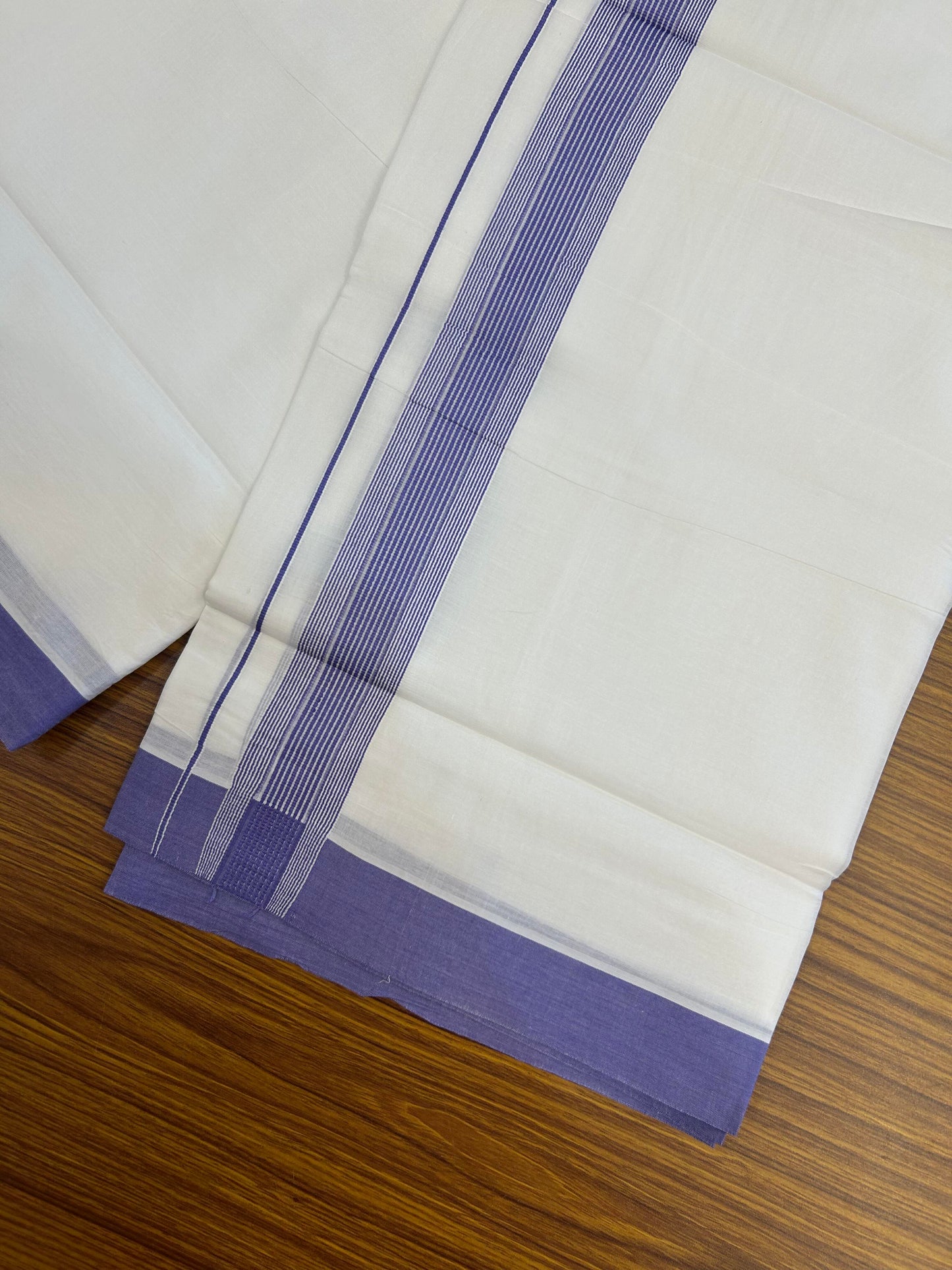 20% Discount ! Kaitharikada Balaramapuram 100% Cotton Pure White Double Mundu/Dothi - 100x100 - 1.5 inch Violet Striped Kara - 15 KK5362 GAN