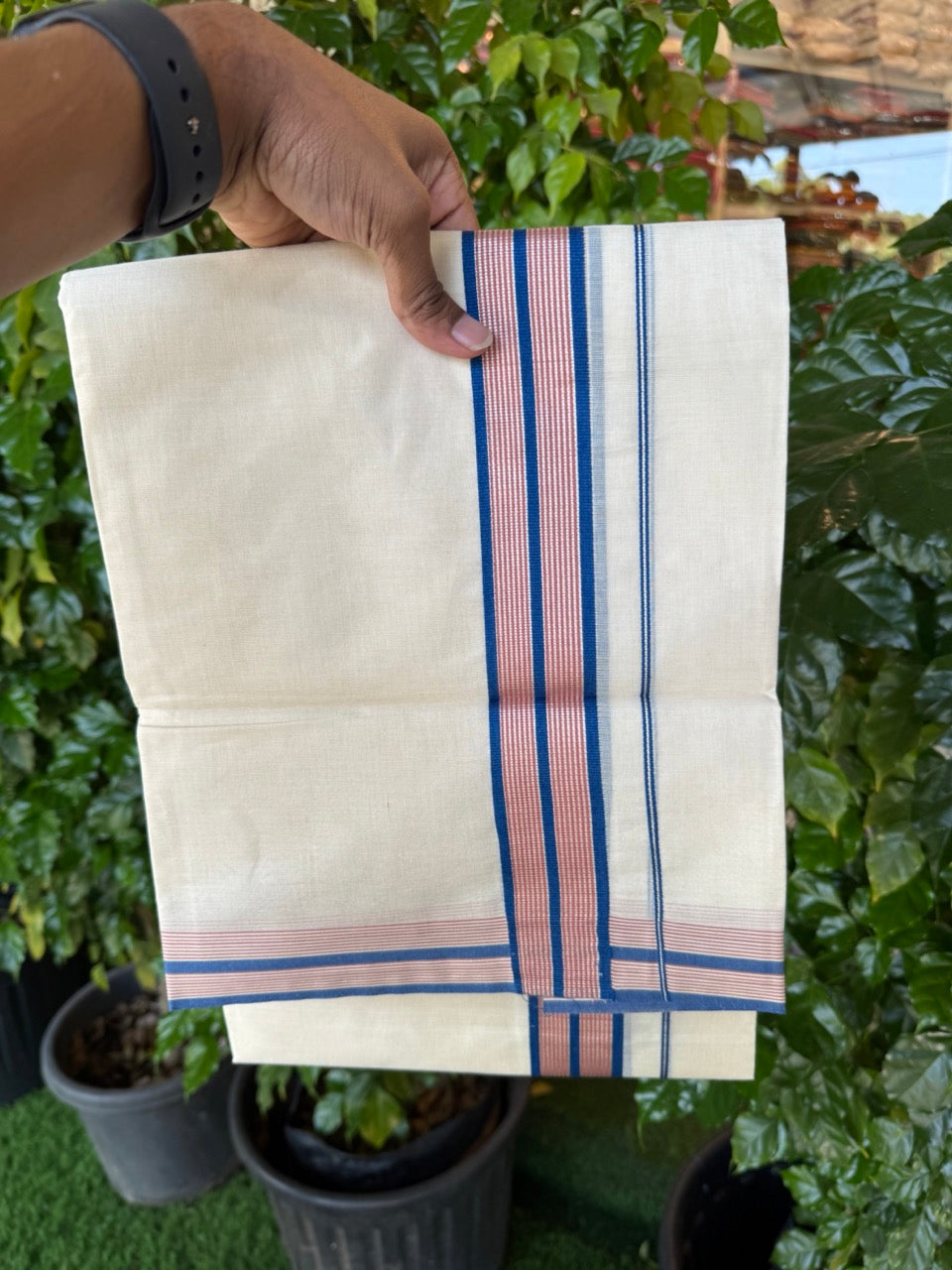 20% Discount! KaithariKada Balaramapuram 100% Cotton Double OFF WHITE (unbleached) Mundu/Dhoti- 100x80- 1.5 inch Silver Kasavu Blue & Onion Pink striped Kara 4 mtr (8.5 muzham) - 68 KK5251 PMC
