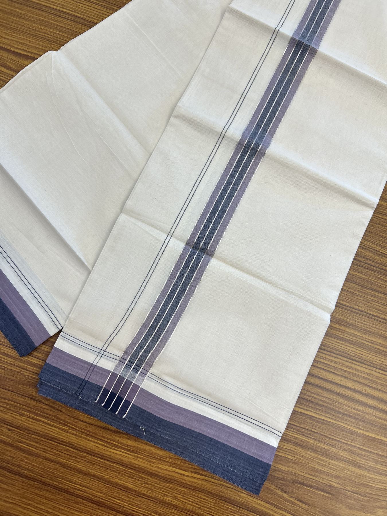 20% Discount ! KaithariKada Balaramapuram 100% Cotton Double Off White - (Unbleached) - Mundu / Dhoti- 100x80 - 1.5 inch Silver Kasav Navy Blue & Purple Ash shaded Stripes Kara 4 mtr (8.5 Muzham) - 44 KK5340 VIN