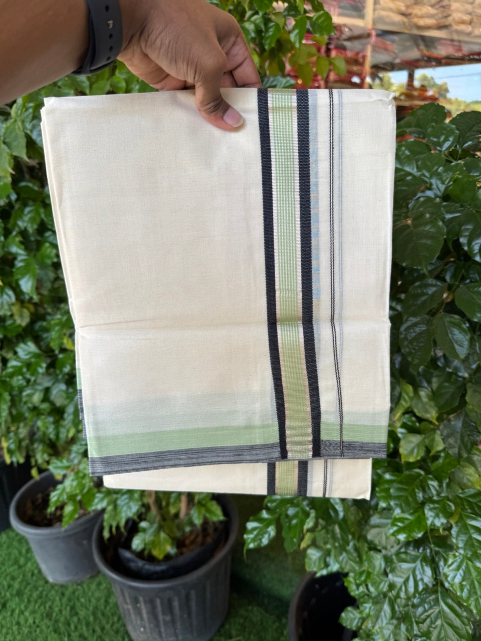 20% Discount! KaithariKada Balaramapuram 100% Cotton Double OFF WHITE (unbleached) Mundu/Dhoti- 100x80- 1.5 inch Silver Kasavu Black & Pista Green striped Kara 4 mtr (8.5 muzham) - 71 KK5251 PMC