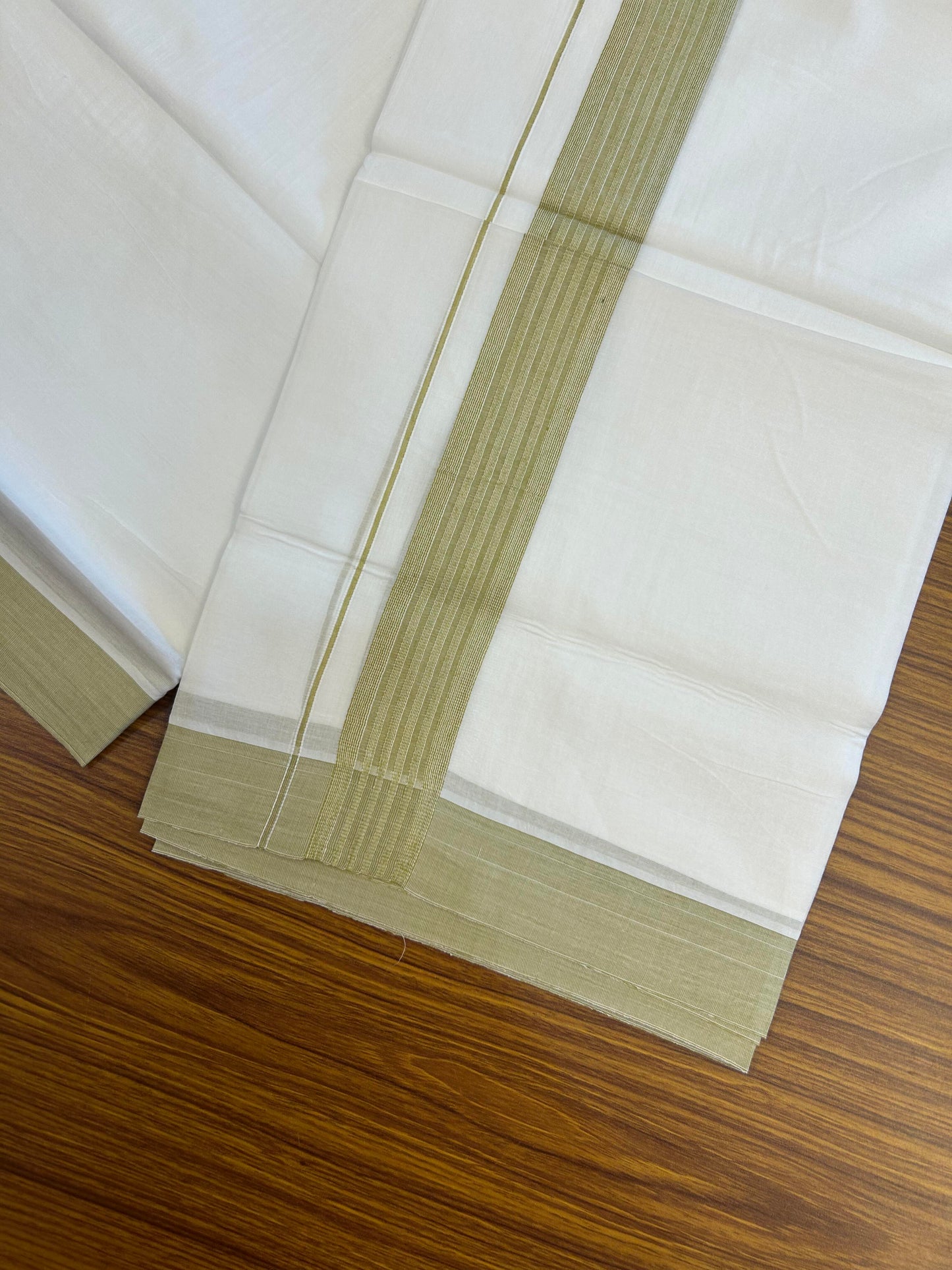 20% Discount ! Kaitharikada Balaramapuram 100% Cotton Pure White Double Mundu/Dothi - 100x100 - 1.5 inch Khaki Striped Kara - 18 KK5362 GAN