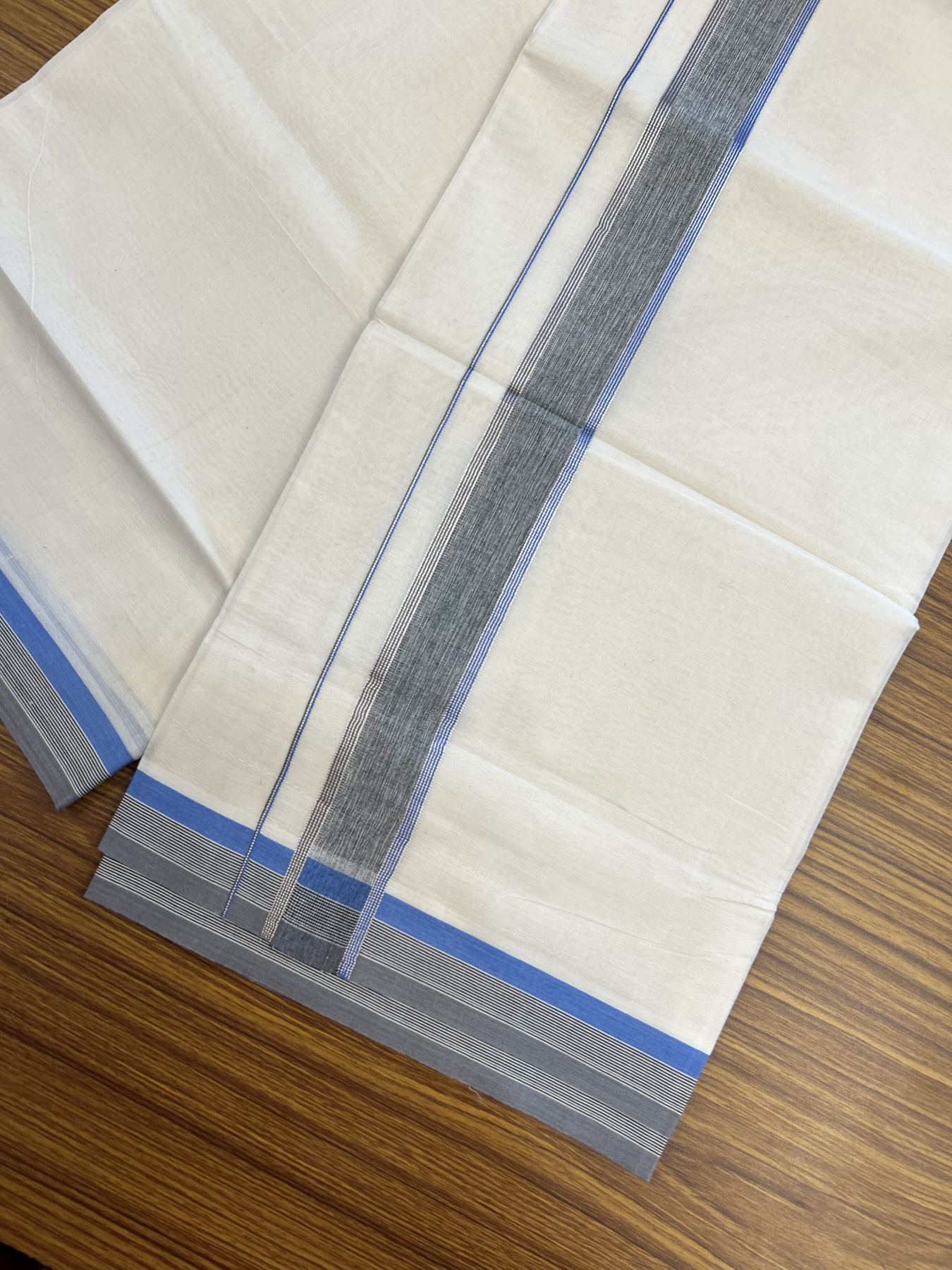 20% Discount ! KaithariKada Balaramapuram 100% Cotton Double Off White - (Unbleached) - Mundu / Dhoti- 100x80 - 1.5 inch Silver Kasav Black Ash & Blue shaded Kara - 4 mtr (8.5 Muzham) - 41 KK5340 VIN