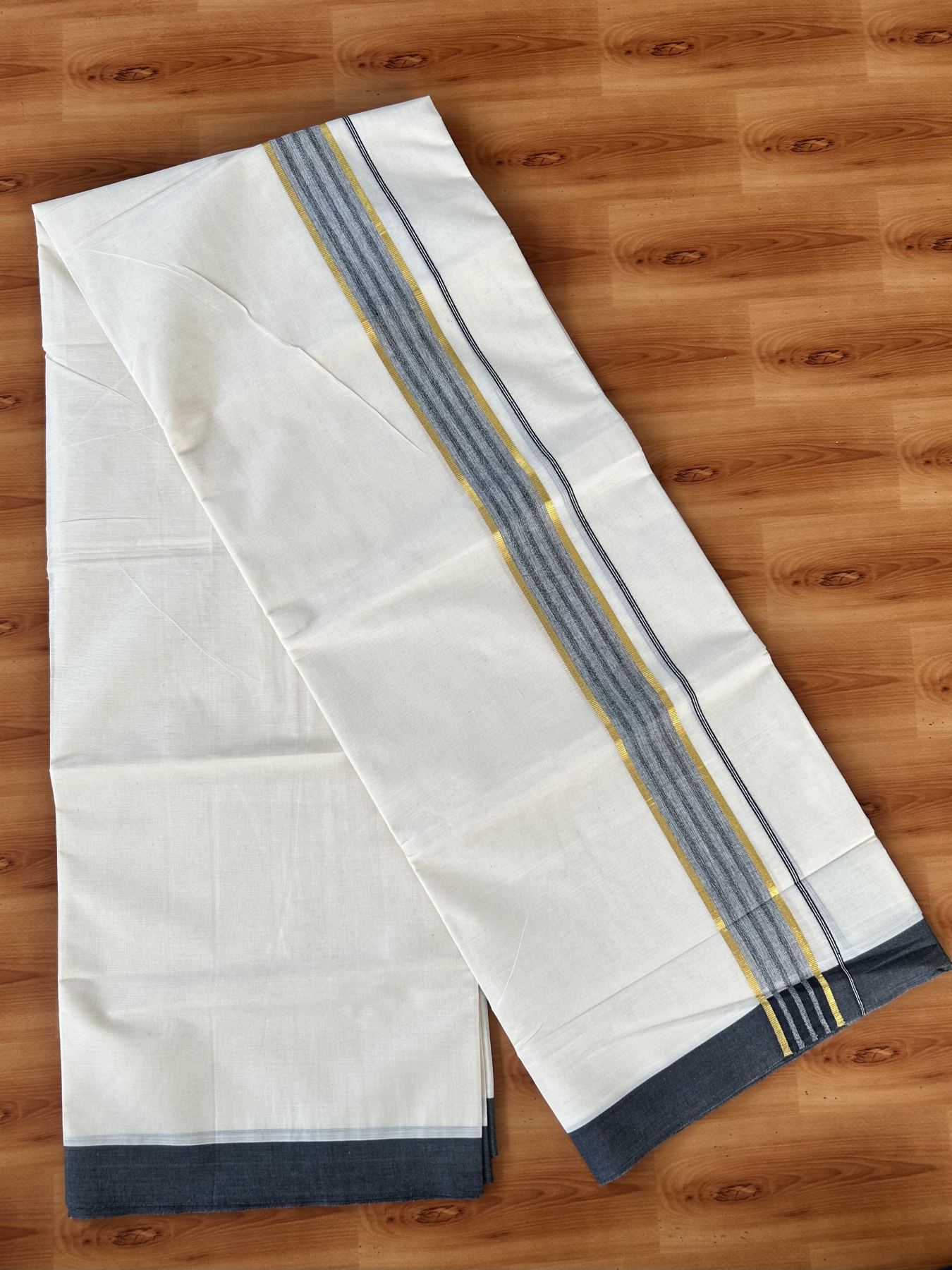 Double Off White (Unbleached) Mundu/Dothi- 20% Discount! Kaitharikada 100% Pure Cotton - 100x80 - 1.75 inch Gold Kasav & Black Striped Shaded Kara 4 mtr (8.5 muzham) - 1 KK5455 THI