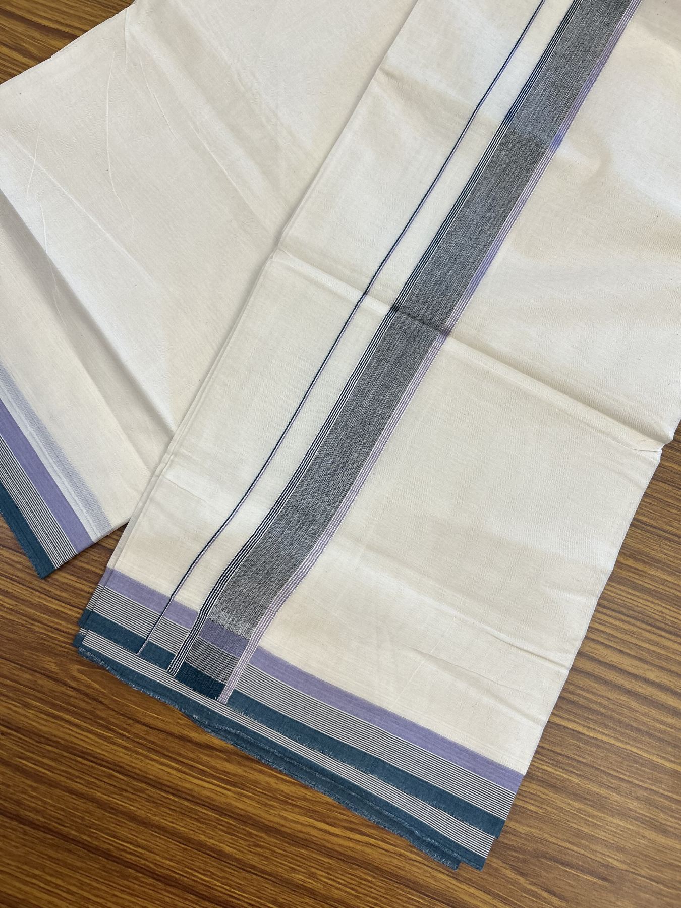 20% Discount ! KaithariKada Balaramapuram 100% Cotton Double Off White - (Unbleached) - Mundu / Dhoti- 100x80 - 1.5 inch Silver Kasav Black Green & Lavender shaded Kara - 4 mtr (8.5 Muzham) - 42 KK5340 VIN