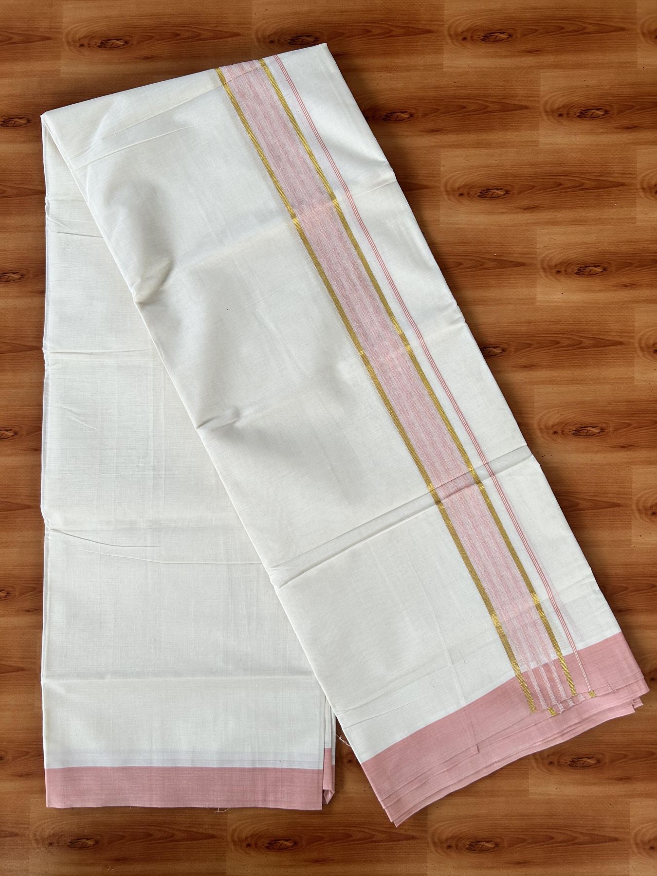 Double Off White (Unbleached) Mundu/Dothi- 20% Discount! Kaitharikada 100% Pure Cotton - 100x80 - 1.75 inch Gold Kasav & Peach Striped Shaded Kara 4 mtr (8.5 muzham) - 2 KK5455 THI