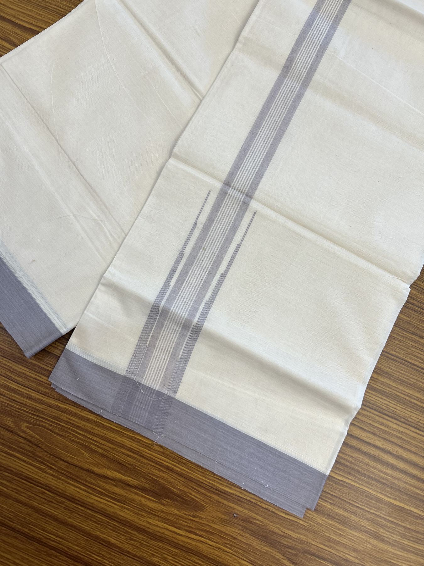 20% Discount ! KaithariKada Balaramapuram 100% Cotton Double Off White - (Unbleached) - Mundu / Dhoti- 100x80 - 1.75 inch Puliyilakkara Ash Purple shaded striped chutty Kara - 4 mtr (8.5 Muzham) - 30 KK5340 VIN