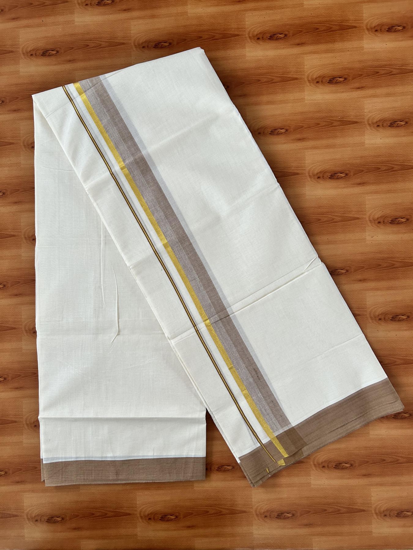 Double Off White (Unbleached) Mundu/Dothi- 20% Discount! Kaitharikada 100% Pure Cotton - 100x80 - 1.75 inch Gold Kasav & Peach Brown Shaded Kara 4 mtr (8.5 muzham) - 3 KK5455 THI