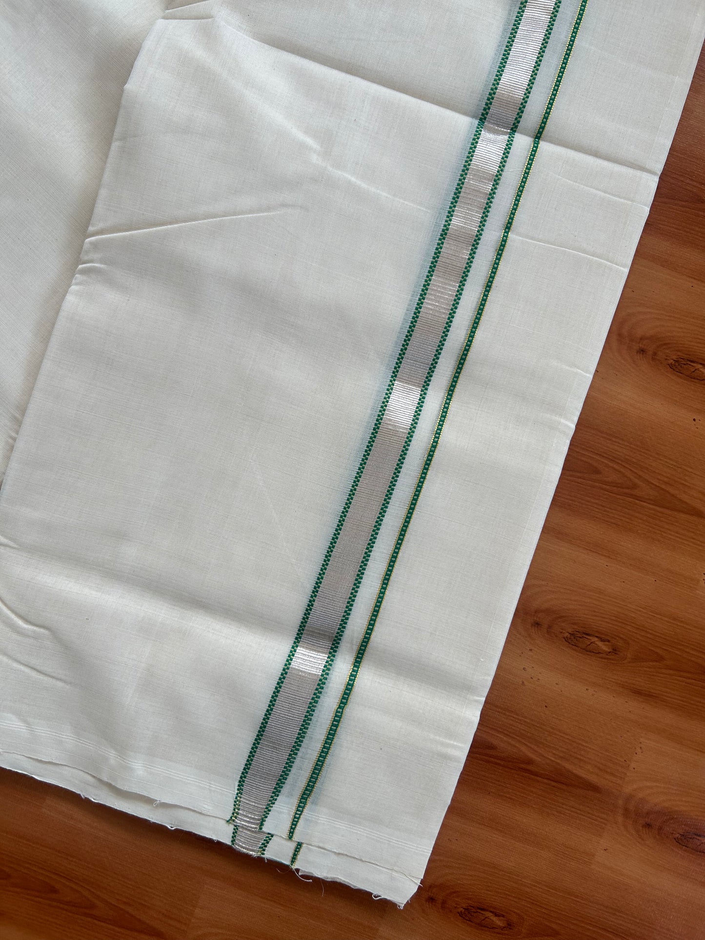 25% Discount ! KaithariKada Handloom Unakkupaav - Kerala Handloom - 100% Pure Cotton Off White (Unbleached) Double Mundu/Dothi - 100x80 - 0.75 inch Silver Gold Kasav & Green Muthukuri Kara 4 Meters (8.5 Muzham) - 6 KK5380 SOM