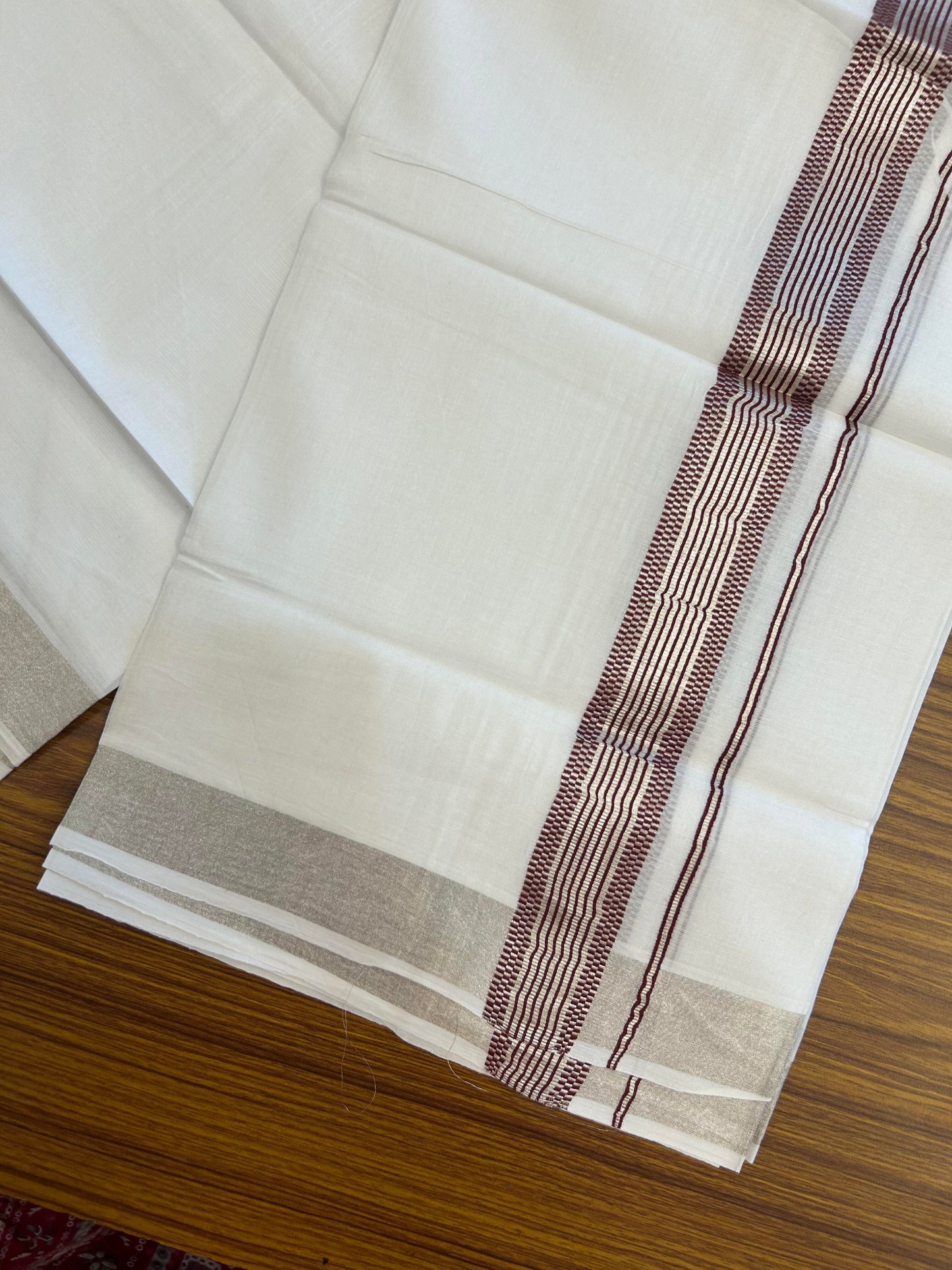 20% Discount ! Kaitharikada Balaramapuram 100% Cotton Pure White Double Mundu/Dothi - 100x100 - 1.5 inch Silver Kasav & Maroon Striped Design Kara - 92 KK5362 GAN