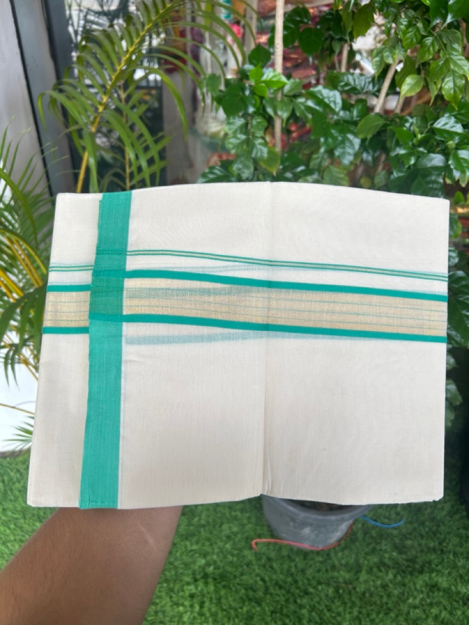 20% DISCOUNT! KaithariKada Balaramapuram Double OFF WHITE Mundu/Dhoti - 80x90 - 1.75 Inch Tissue Turquoise Green striped Kara - 7KK5182VAS