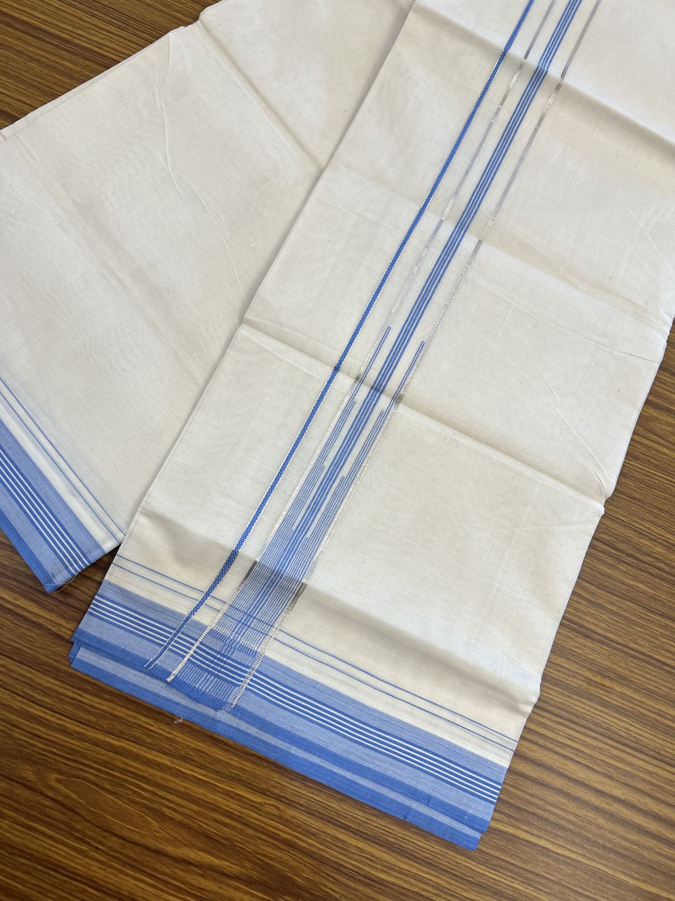 20% Discount ! KaithariKada Balaramapuram 100% Cotton Double Off White - (Unbleached) - Mundu / Dhoti- 100x80 - 1.25 inch Puliyilakkara Silver Kasav & Blue shaded striped chutty Kara - 4 mtr (8.5 Muzham) - 36 KK5340 VIN