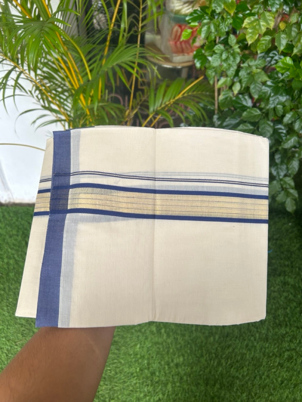 20% DISCOUNT! KaithariKada Balaramapuram Double OFF WHITE Mundu/Dhoti - 80x90 - 1.5 Inch Tissue Blue striped Kara - 2KK5182VAS
