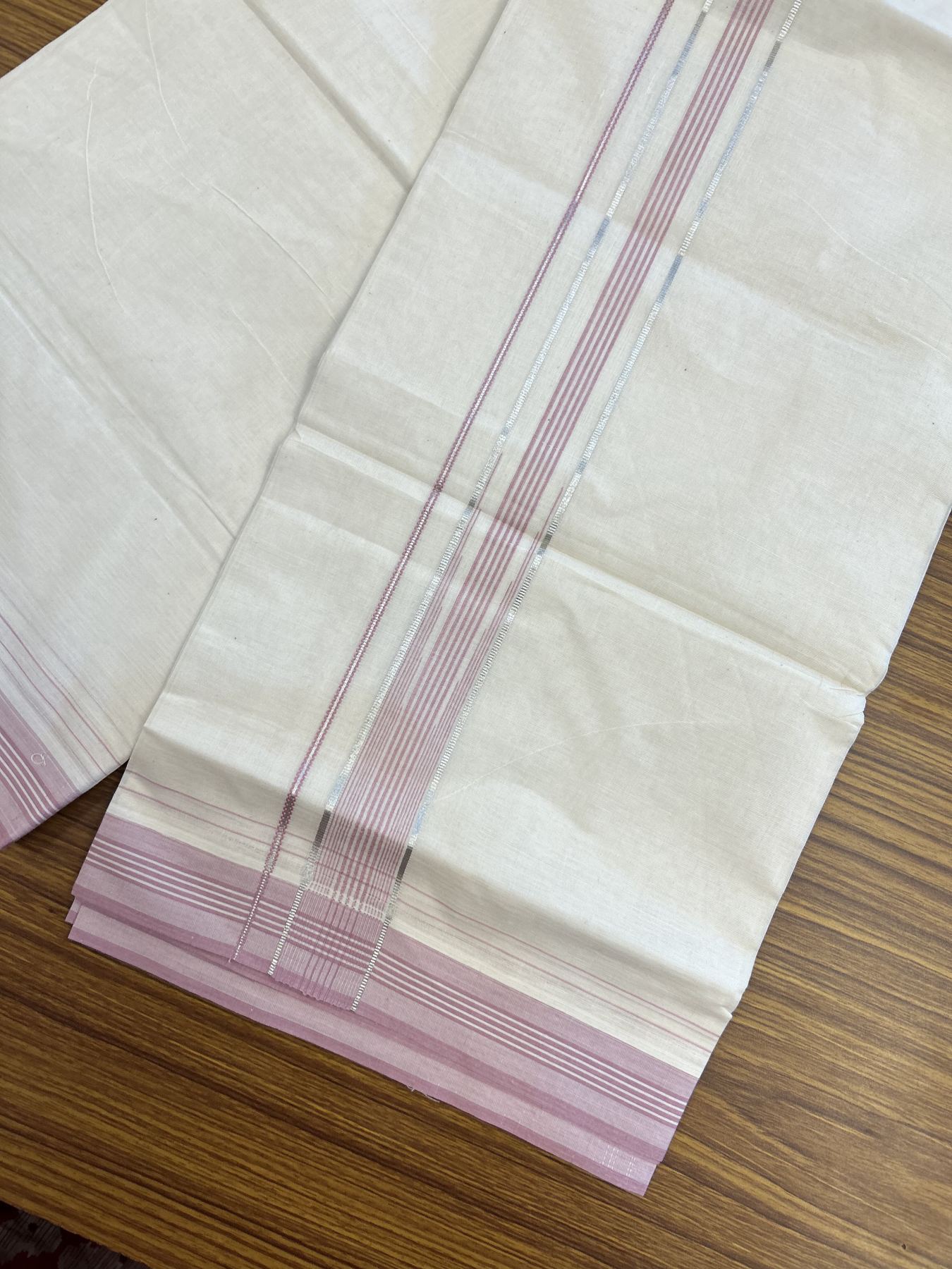 20% Discount ! KaithariKada Balaramapuram 100% Cotton Double Off White - (Unbleached) - Mundu / Dhoti- 100x80 - 1.25 inch Puliyilakkara Silver Kasav & Pink shaded striped chutty Kara - 4 mtr (8.5 Muzham) - 37 KK5340 VIN