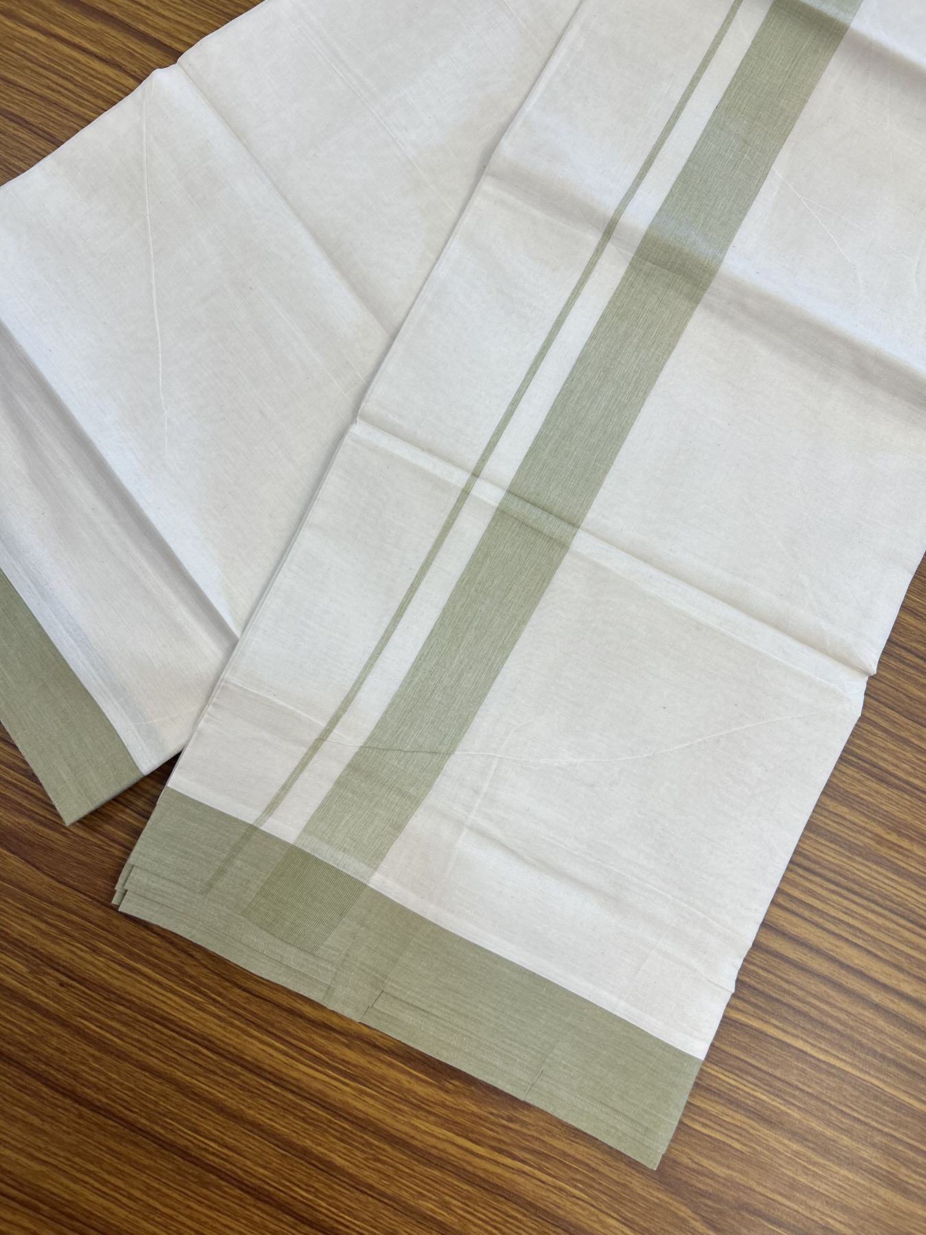 20% Discount ! KaithariKada Balaramapuram 100% Cotton Double Off White (Unbleached) - Mundu / Dhoti- 100x80 - 1.5 inch Pear Green Stripes Kara 4 mtr (8.5 Muzham) - 57 KK5340 VIN