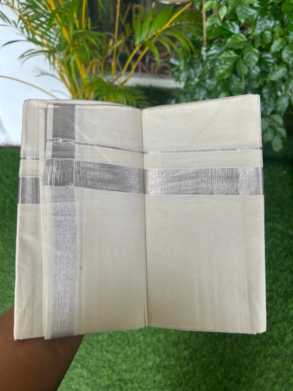 20% DISCOUNT! KaithariKada Balaramapuram 100% Cotton Off white (Unbleached) Double Mundu/Dhoti- 80x90 - 1 inch Silver Kasavu kara - 22KK5182VAS