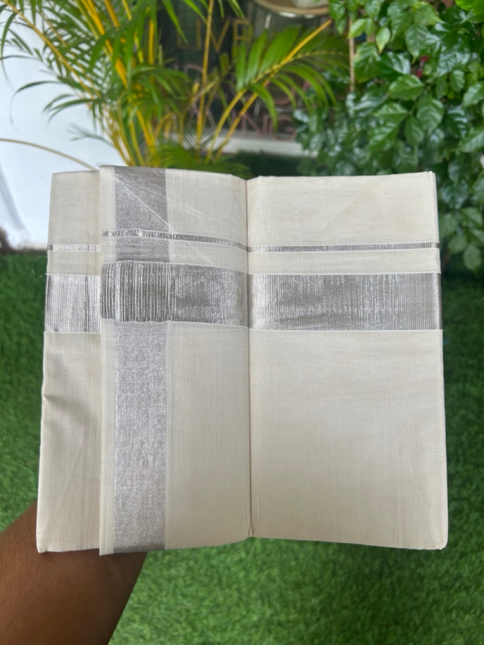 20% DISCOUNT! KaithariKada Balaramapuram 100% Cotton Off white (Unbleached) Double Mundu/Dhoti- 80x90 - 1.5 inch Silver Kasavu kara - 21KK5182VAS