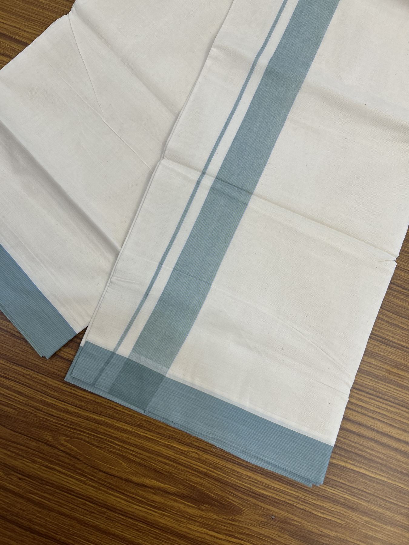 20% Discount ! KaithariKada Balaramapuram 100% Cotton Double Off White (Unbleached) - Mundu / Dhoti- 100x80 - 1.5 inch Sky Blue & Light Green Stripes Kara 4 mtr (8.5 Muzham) - 55 KK5340 VIN