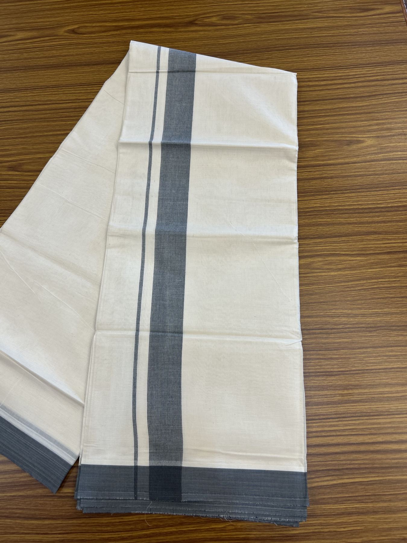 20% Discount ! KaithariKada Balaramapuram 100% Cotton Double Off White (Unbleached) - Mundu / Dhoti- 100x80 - 1.5 inch Navy Blue & Grey Shaded Kara 4 mtr (8.5 Muzham) - 63 KK5340 VIN