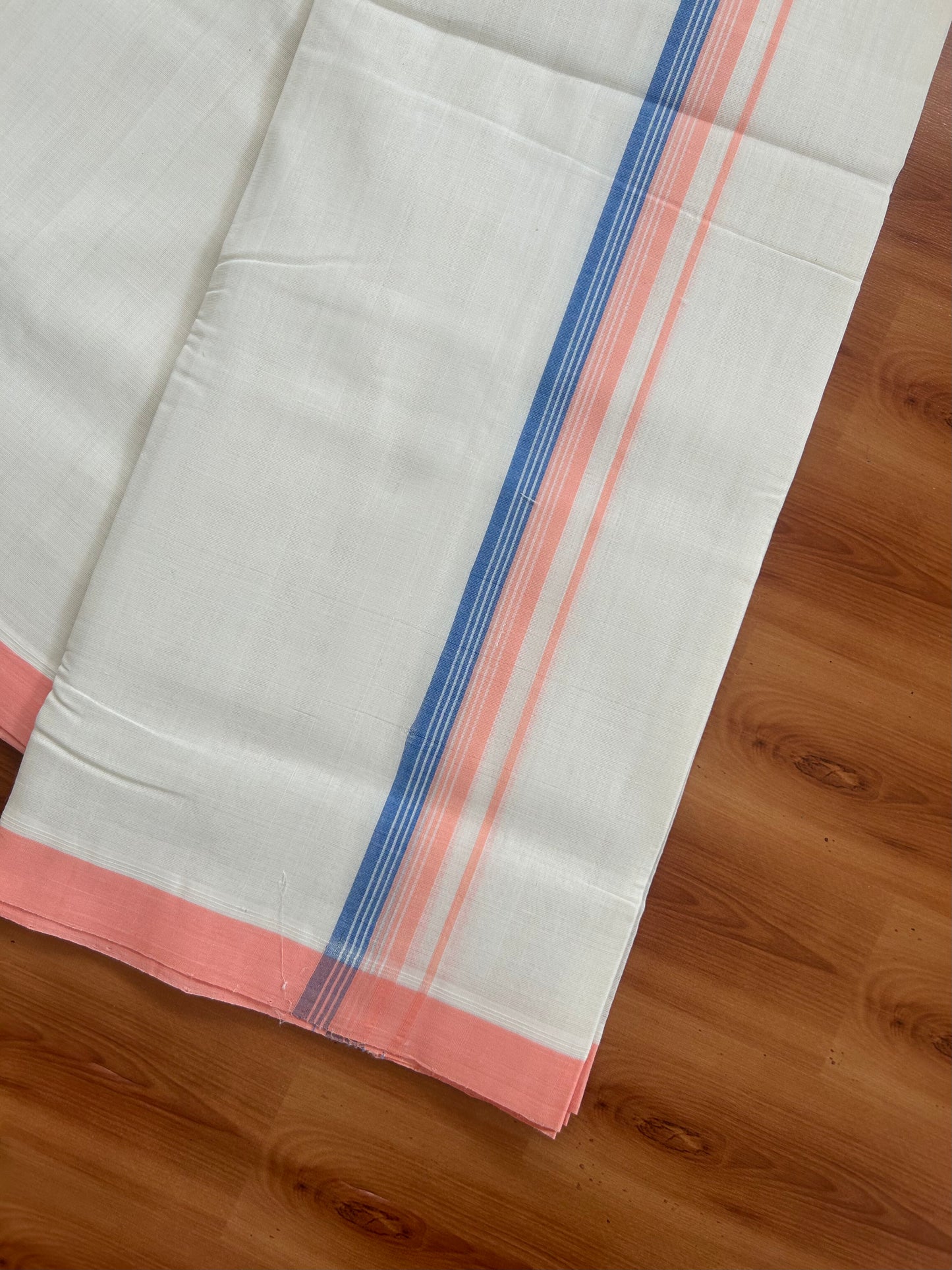 25% Discount ! KaithariKada Handloom Unakkupaav - Kerala Handloom - 100% Pure Cotton Off White (Unbleached) Double Mundu/Dhoti - 100X80 - 1 inch Blue & Peach Striped Kara 3.80 Mtr (8 Muzham) - 24 KK5380 SOM