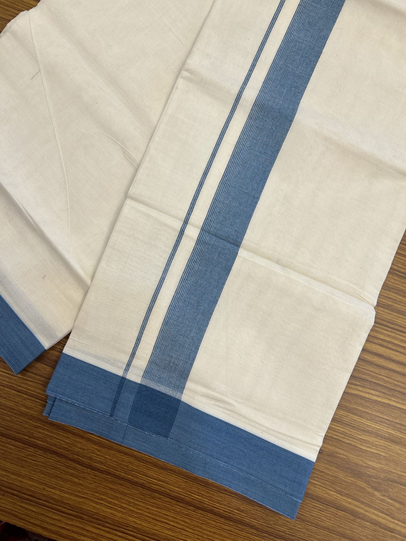20% Discount ! KaithariKada Balaramapuram 100% Cotton Double Off White (Unbleached) - Mundu / Dhoti- 100x80 - 1.5 inch Black & Teal Blue Stripes Kara 4 mtr (8.5 Muzham) - 53 KK5340 VIN