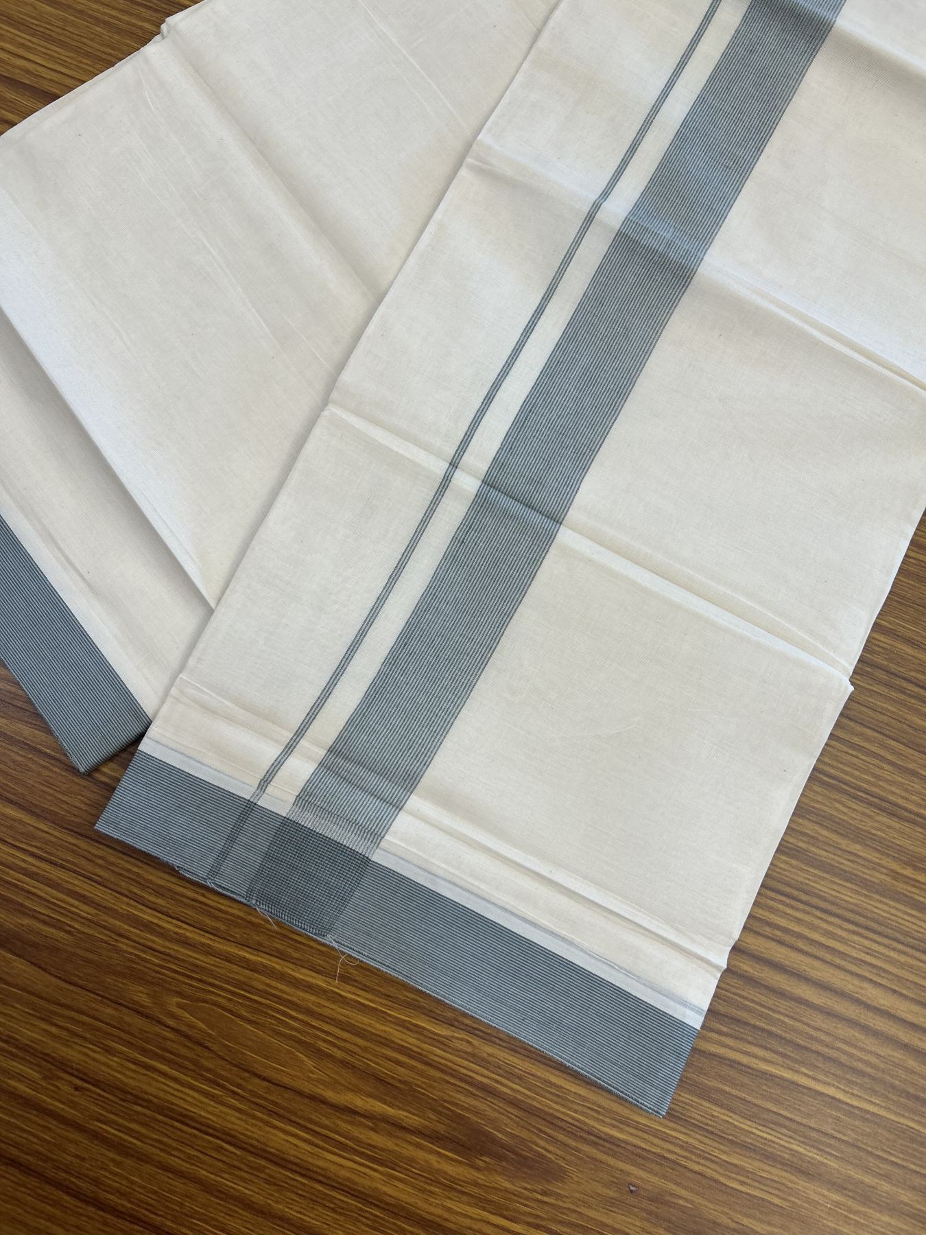 20% Discount ! KaithariKada Balaramapuram 100% Cotton Double Off White (Unbleached) - Mundu / Dhoti- 100x80 - 1.5 inch Ash blue & Green Shaded Kara 4 mtr (8.5 Muzham) - 62 KK5340 VIN