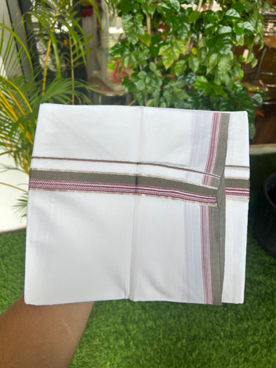 20% Discount ! Kaitharikada Balaramapuram 100% Cotton PURE WHITE Double Mundu/Dothi - 100x80 -1 inch Silver Kasavu Sage Green & Maroon Striped Design Kara - 34KK5182VAS