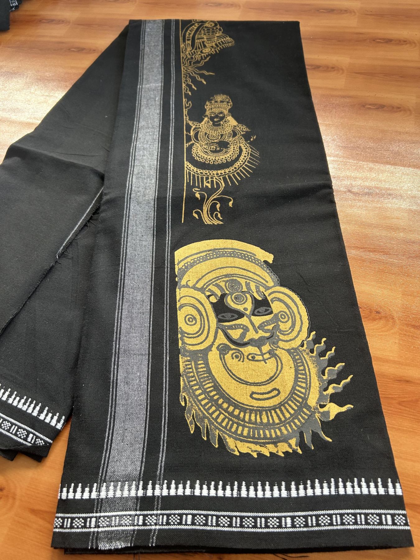 Kaitharikada - Single Kaily / Lungi - Mixed Cotton - 40s twisted - 1.75 inch Mustard Yellow Theyyam Design printed kuppadam kara with Black colour body (2 meter / 4 muzham) - 3 KK8055 SAT