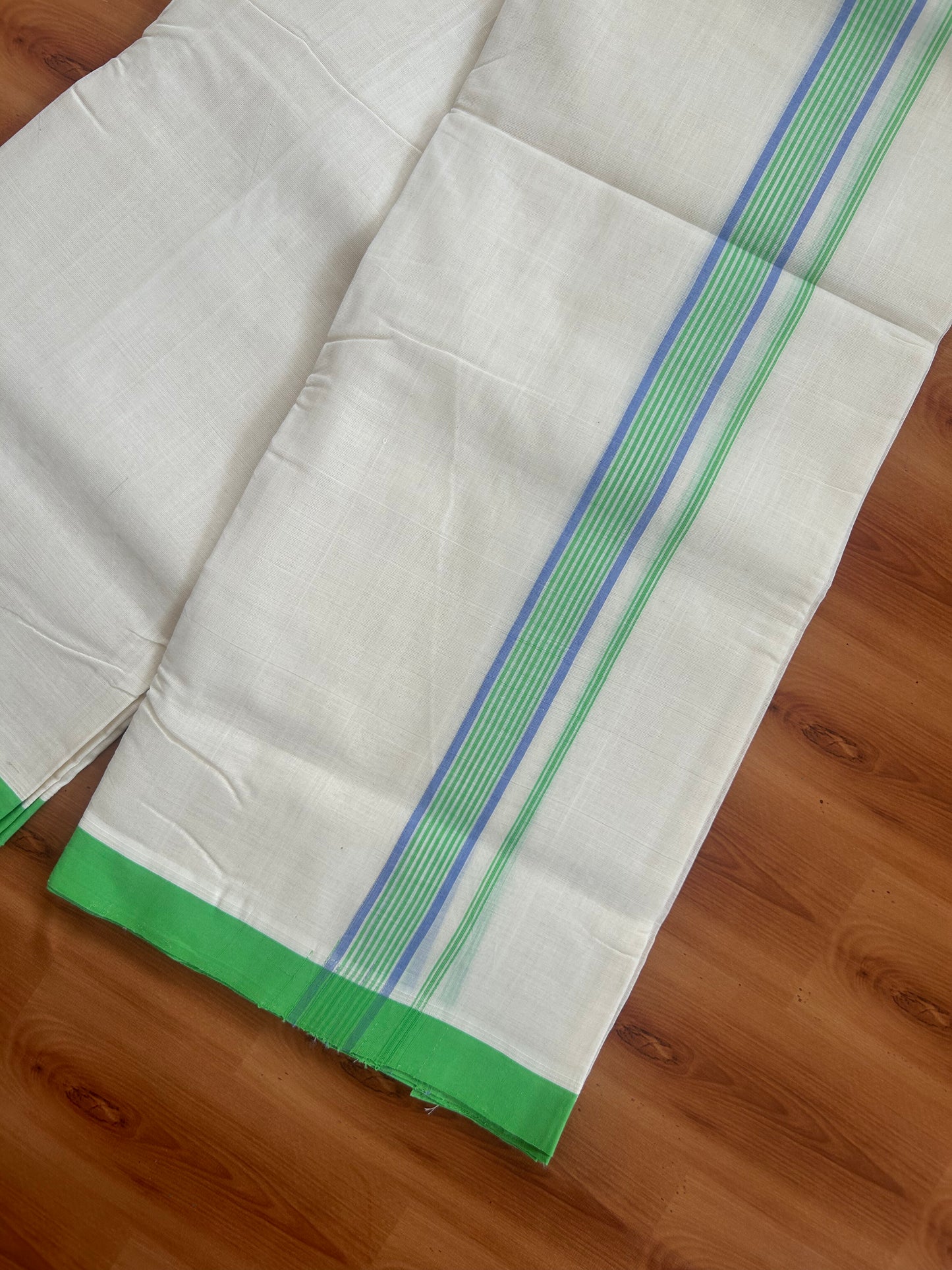 25% Discount ! KaithariKada Handloom Unakkupaav - Kerala Handloom - 100% Pure Cotton Off White (Unbleached) Double Mundu/Dhoti - 100X80 - 1 inch Parrot Green & Lavender Blue Striped Kara 3.80 Mtr (8 Muzham) - 27 KK5380 SOM