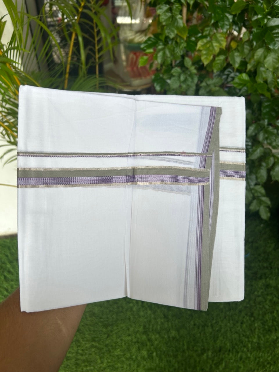 20% Discount ! Kaitharikada Balaramapuram 100% Cotton PURE WHITE Double Mundu/Dothi - 100x80 - 1 inch Silver Kasavu Sage Green Grey & Purple Striped Design Kara - 35KK5182VAS