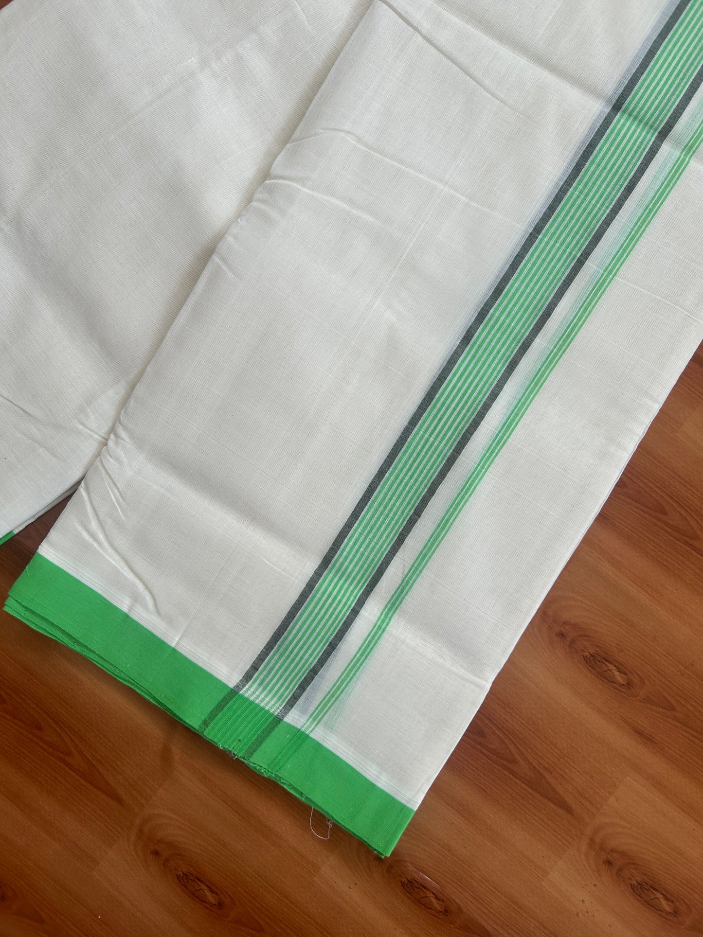 25% Discount ! KaithariKada Handloom Unakkupaav - Kerala Handloom - 100% Pure Cotton Off White (Unbleached) Double Mundu/Dhoti - 100X80 - 1.25 inch Parrot Green & Army Green Striped Kara 3.80 Mtr (8 Muzham) - 28 KK5380 SOM