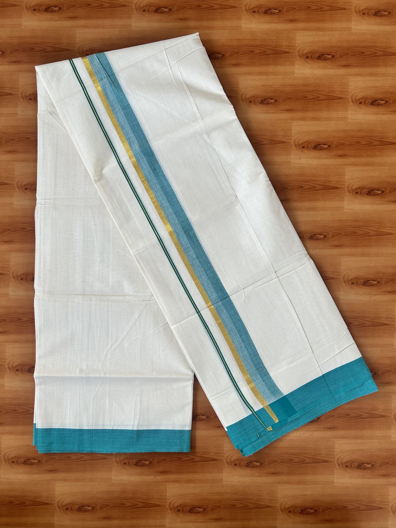 Double Off White (Unbleached) Mundu/Dothi- 20% Discount! Kaitharikada 100% Pure Cotton - 100x80 - 1.5 inch Gold Kasav & Teal Green Shaded Kara 4 mtr (8.5 muzham) - 9 KK5455 THI
