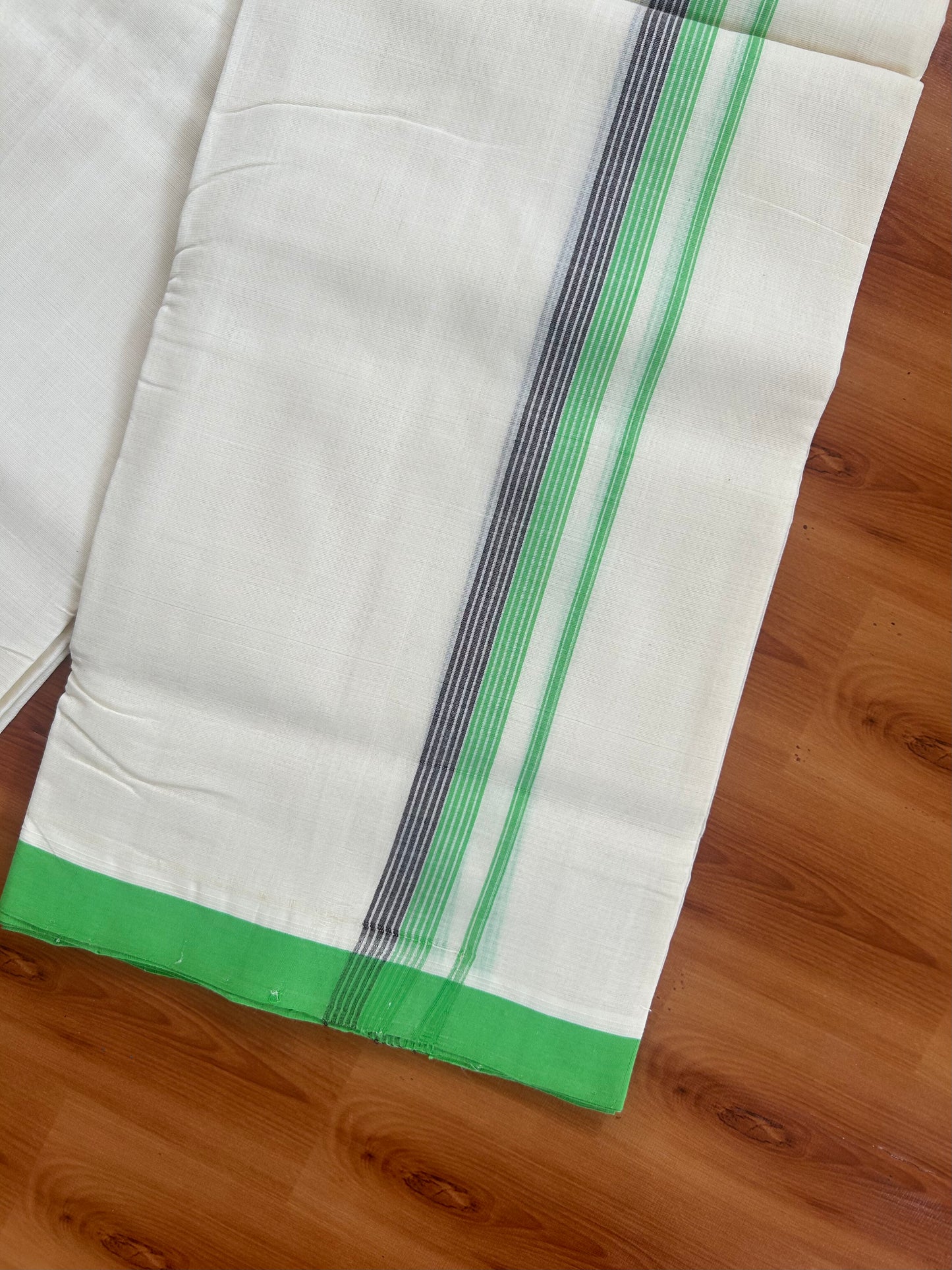 25% Discount ! KaithariKada Handloom Unakkupaav - Kerala Handloom - 100% Pure Cotton Off White (Unbleached) Double Mundu/Dhoti - 100X80 - 1 inch Parrot Green & Brown Striped Kara 3.80 Mtr (8 Muzham) - 26 KK5380 SOM
