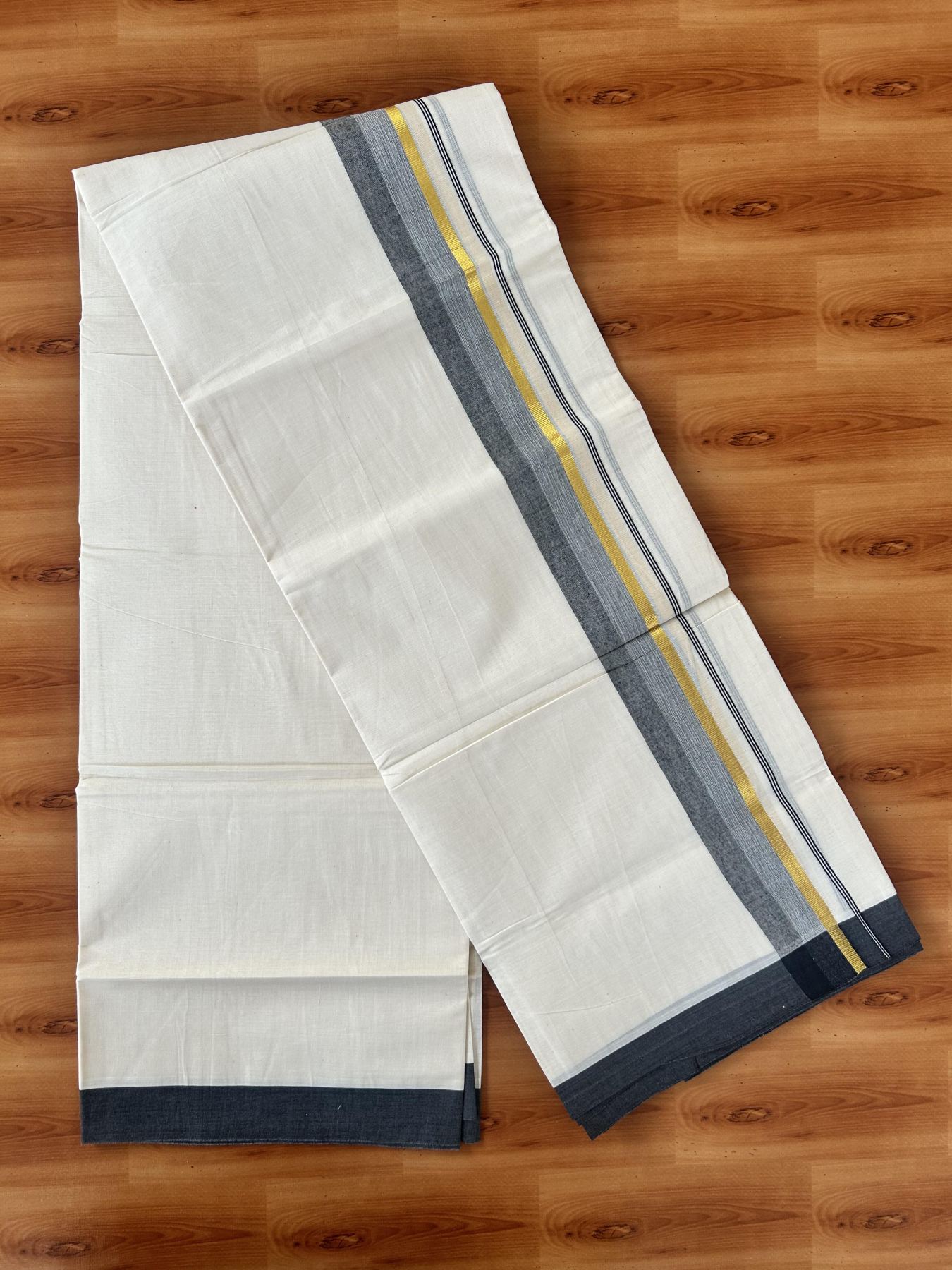 Double Off White (Unbleached) Mundu/Dothi- 20% Discount! Kaitharikada 100% Pure Cotton - 100x80 - 1.75 inch Gold Kasav & Black Shaded Kara 4 mtr (8.5 muzham) - 8 KK5455 THI