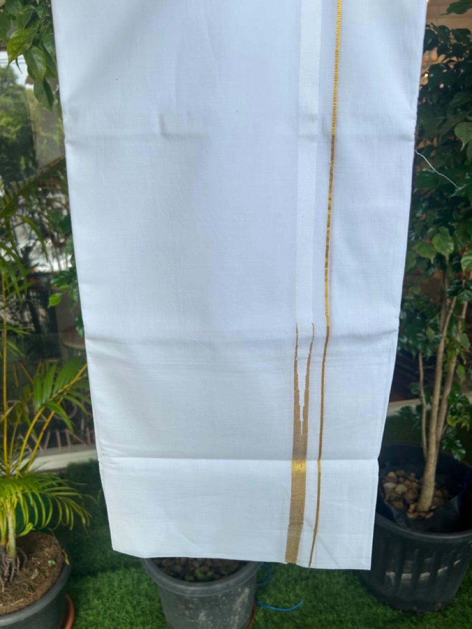 20% DISCOUNT! Kaitharikada Balaramapuram 100% Cotton PURE WHITE Double Mundu/Dothi - 100x80 - 0.2 cm Gold Kasav Chutty Kara - 30KK5182VAS