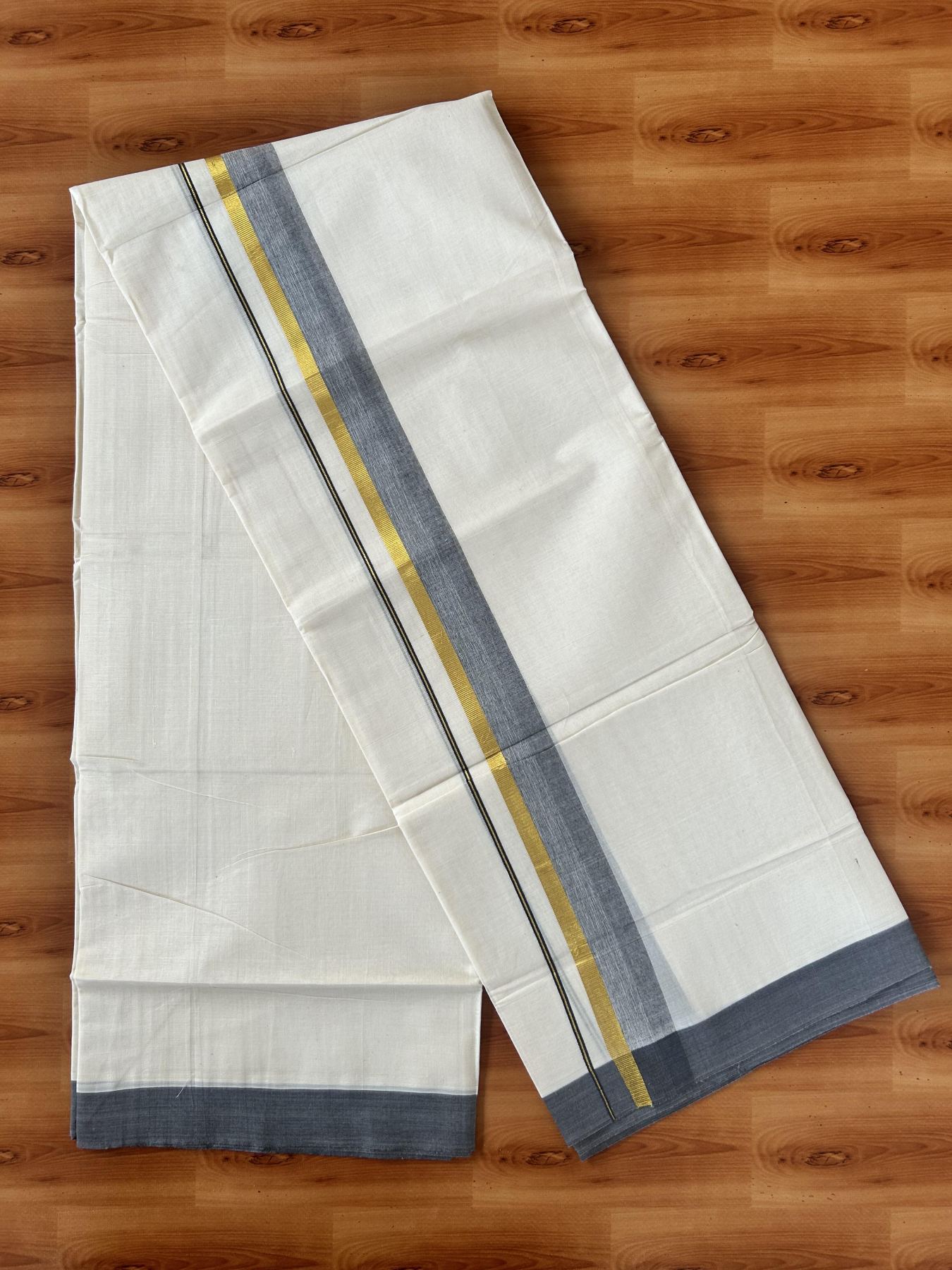 Double Off White (Unbleached) Mundu/Dothi- 20% Discount! Kaitharikada 100% Pure Cotton - 100x80 - 1.75 inch Gold Kasav & greyish navy blue Shaded Kara 4 mtr (8.5 muzham) - 7 KK5455 THI