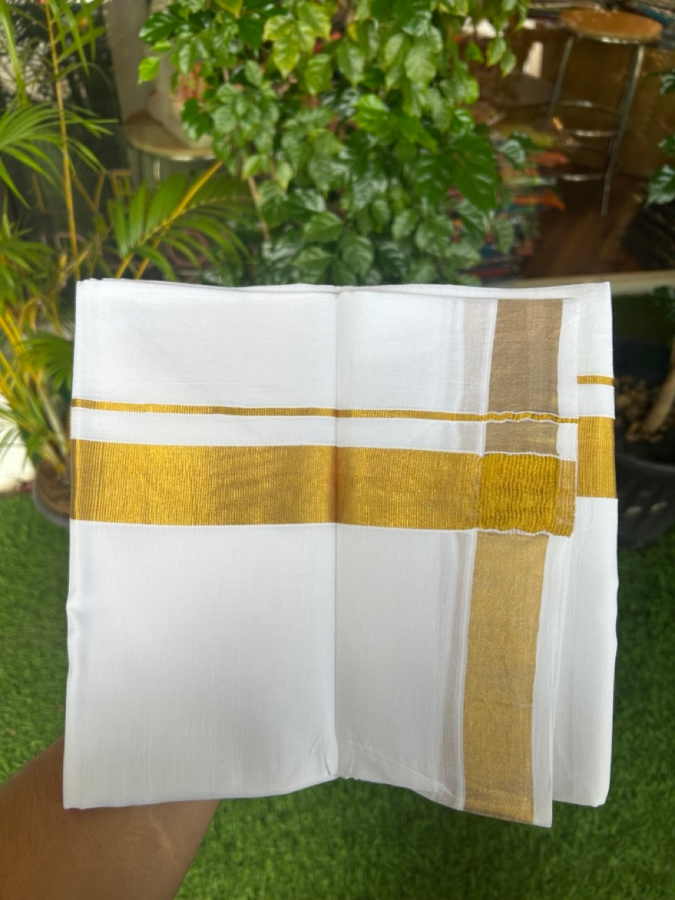 20% DISCOUNT! Kaitharikada Balaramapuram 100% Cotton PURE WHITE Double Mundu/Dothi - 80x80- 1.5 Inch Gold Kasav Kara - 29KK5182VAS