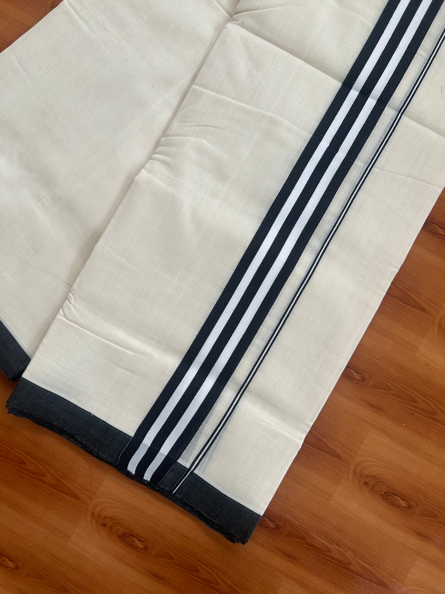 25% Discount!! KaithariKada Handloom Unakkupaav - Kerala Handloom - 100% Pure Cotton Off White (Unbleached) Double Mundu/Dothi - 100x80 - 1.5 inch Black & White Stripes Kara 3.80 mtr (8 muzham) - 22 KK5380 SOM