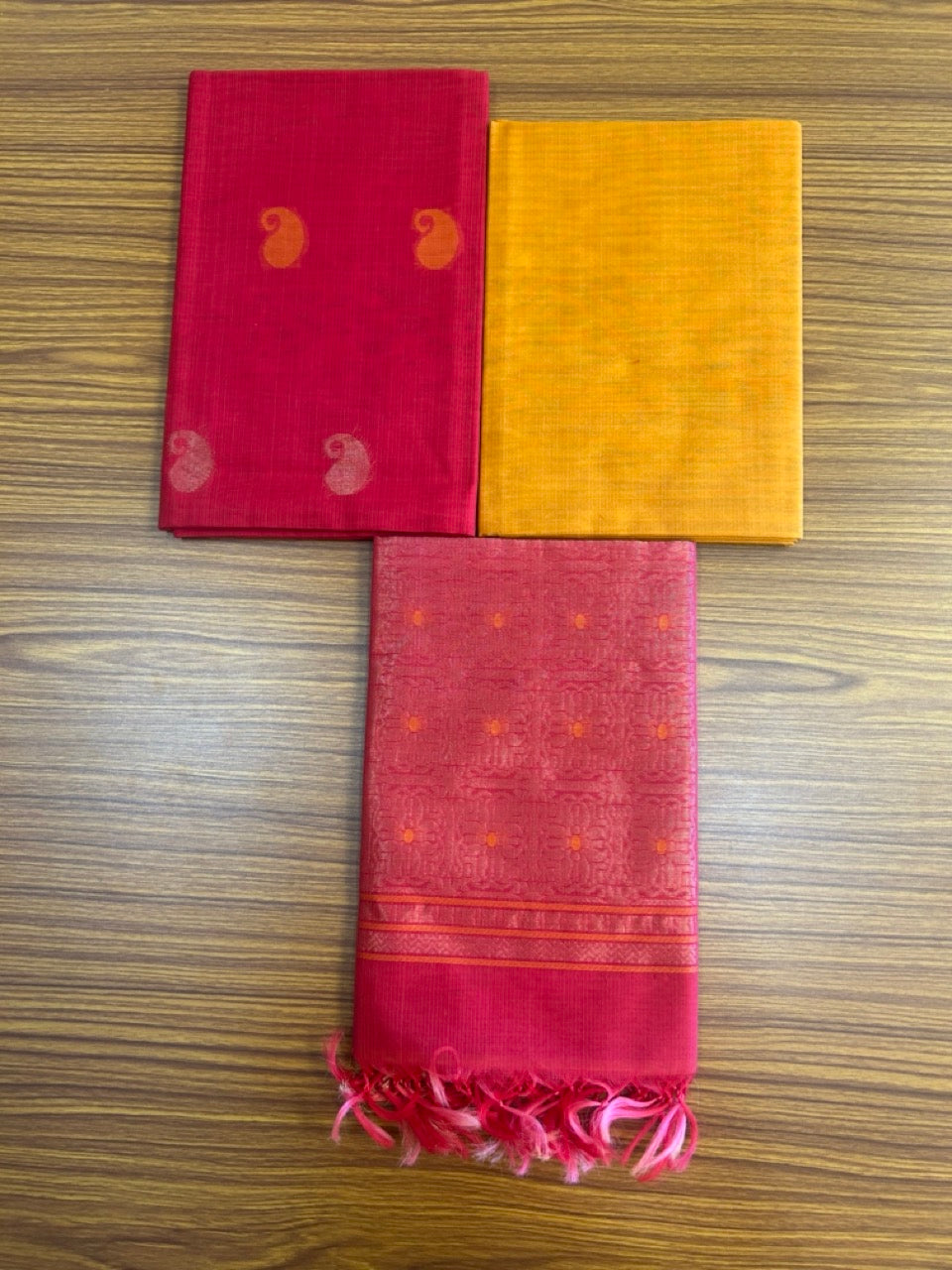 10% Discount!! Kaitharikada Traditional Kerala Style - COTTON SILK Churidar Suit Material - Dark Reddish Pink , Orange kasav Design- 8KK4003KHA
