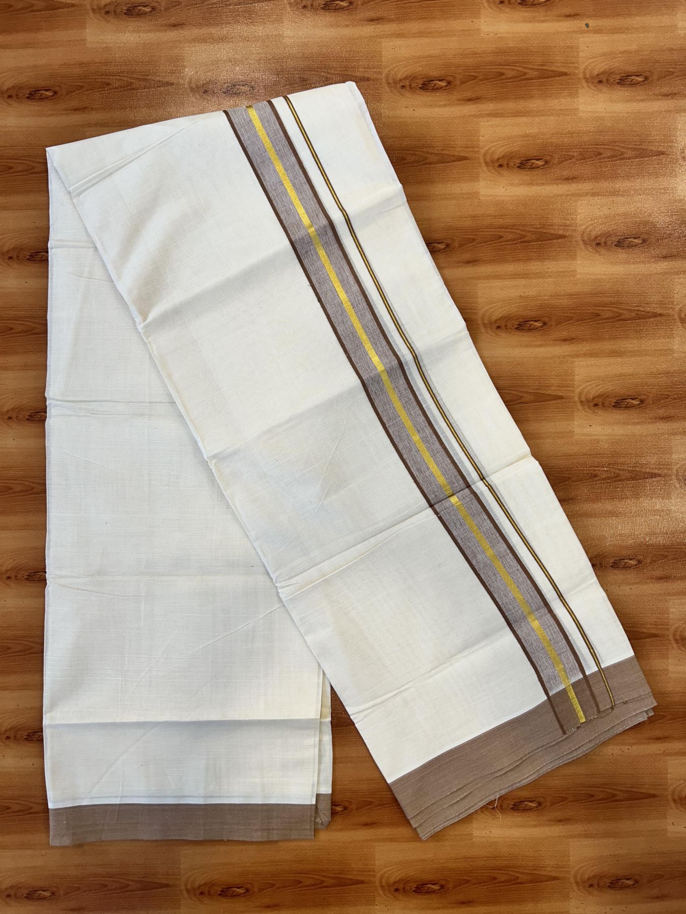 Double Off White (Unbleached) Mundu/Dothi- 20% Discount! Kaitharikada 100% Pure Cotton - 100x80 - 1.5 inch Gold Kasav & Brown Shaded Kara 4 mtr (8.5 muzham) - 14 KK5455 THI