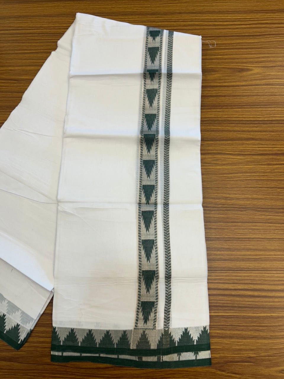 24% Discount ! KaithariKada Balaramapuram 100% Cotton Double Pure White Mundu/Dhoti - 100X80 - 1.25 inch Silver Kasav & Green Jacquard Design kara 3.90 mtr (8 Muzham) - 8 KK5305 PMC