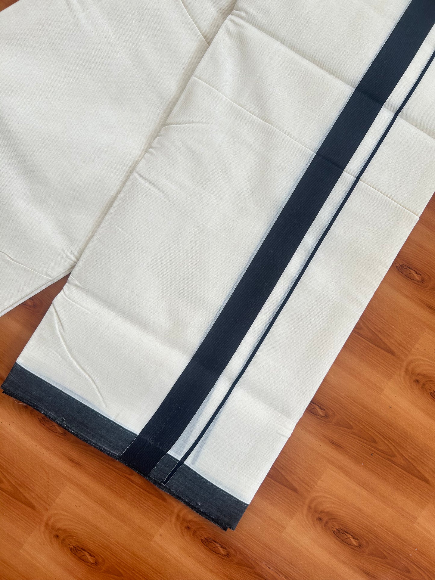 25% Discount ! KaithariKada Handloom Unakkupaav - Kerala Handloom - 100% Pure Cotton Off White (Unbleached) Double Mundu/Dothi - 100x80 - 1 inch Black Kara 3.80 Meters (8 Muzham) - 23 KK5380 SOM