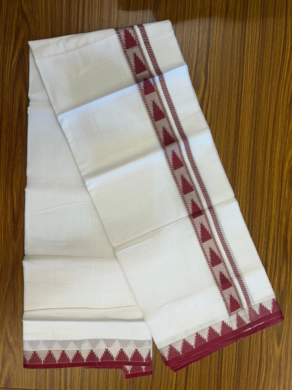 24% Discount ! KaithariKada Balaramapuram 100% Cotton Double Pure White Mundu/Dhoti - 100X80 - 1.25 inch Silver Kasav & Reddish Maroon Jacquard Design kara 3.90 mtr (8 Muzham) - 3 KK5305 PMC